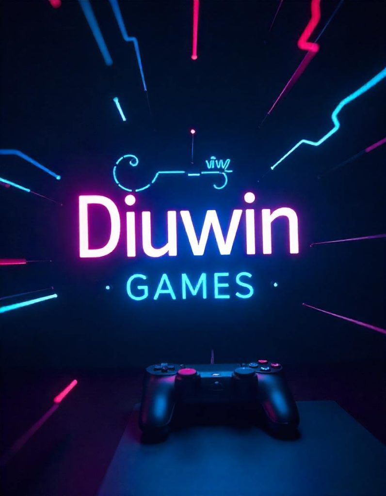 Diuwin App Games Logo with gaming console below and neon lights across