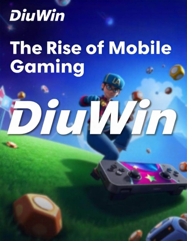 Diuwin App "The Rise of Mobile Gaming" with several arcade elements including a character